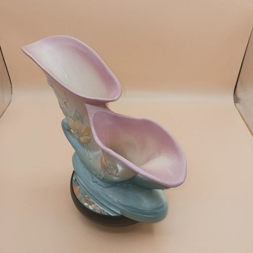 Hull Art Pottery Magnolia Double Cornucopia Vase Pink Blue Matte USA Vintage - Picture 7 of 10